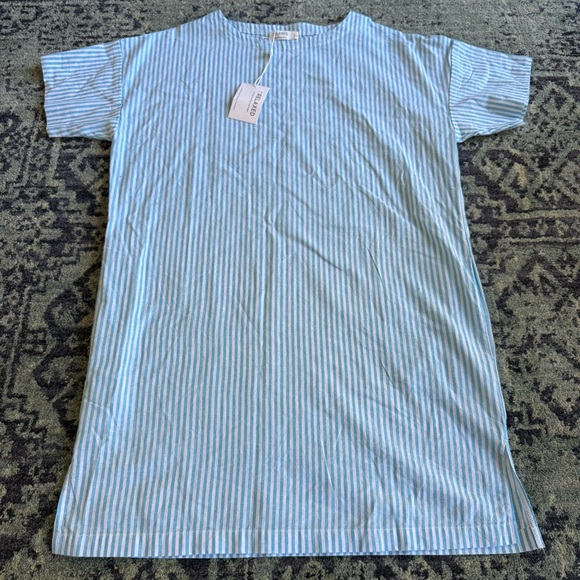 NWT- MSRP $70 Organic Cotton & Linen Paradise Aqua Stripe LARelaxed Shirt Dress - Picture 2 of 10